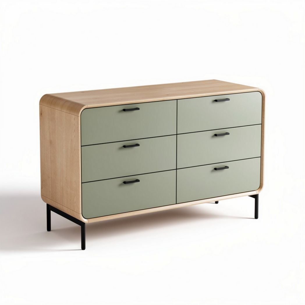 Meuble de rangement en bois et MDF vert avec six tiroirs 150 x 40 x 80cm