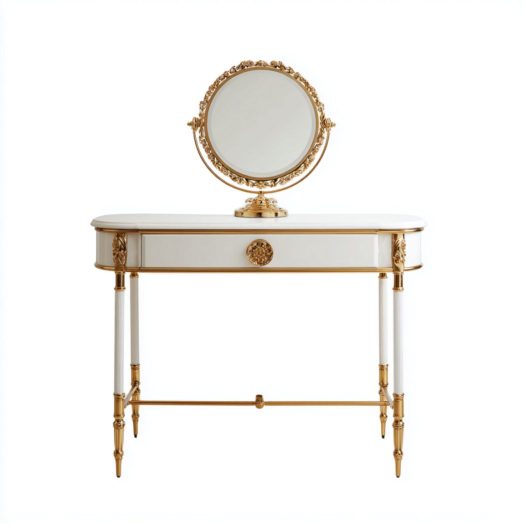 Coiffeuse blanche en bois avec miroir ovale et tiroirs 90 x 40 x 75cm