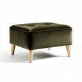 Pouf en velours vert 40 x 40 x 30 cm avec pieds en bois naturel