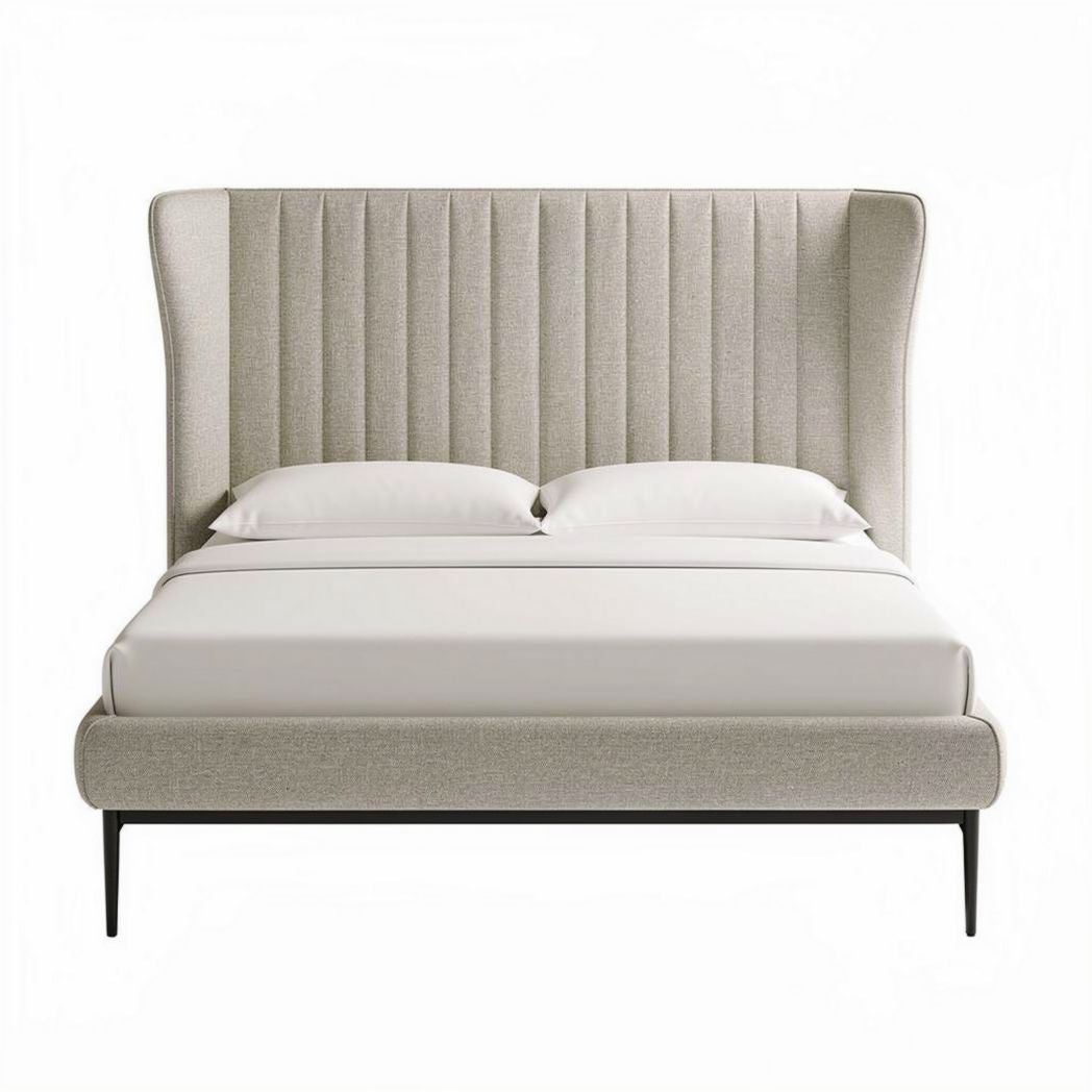 Lit en tissu beige avec tête de lit capitonnée 200 x 160 x 120cm