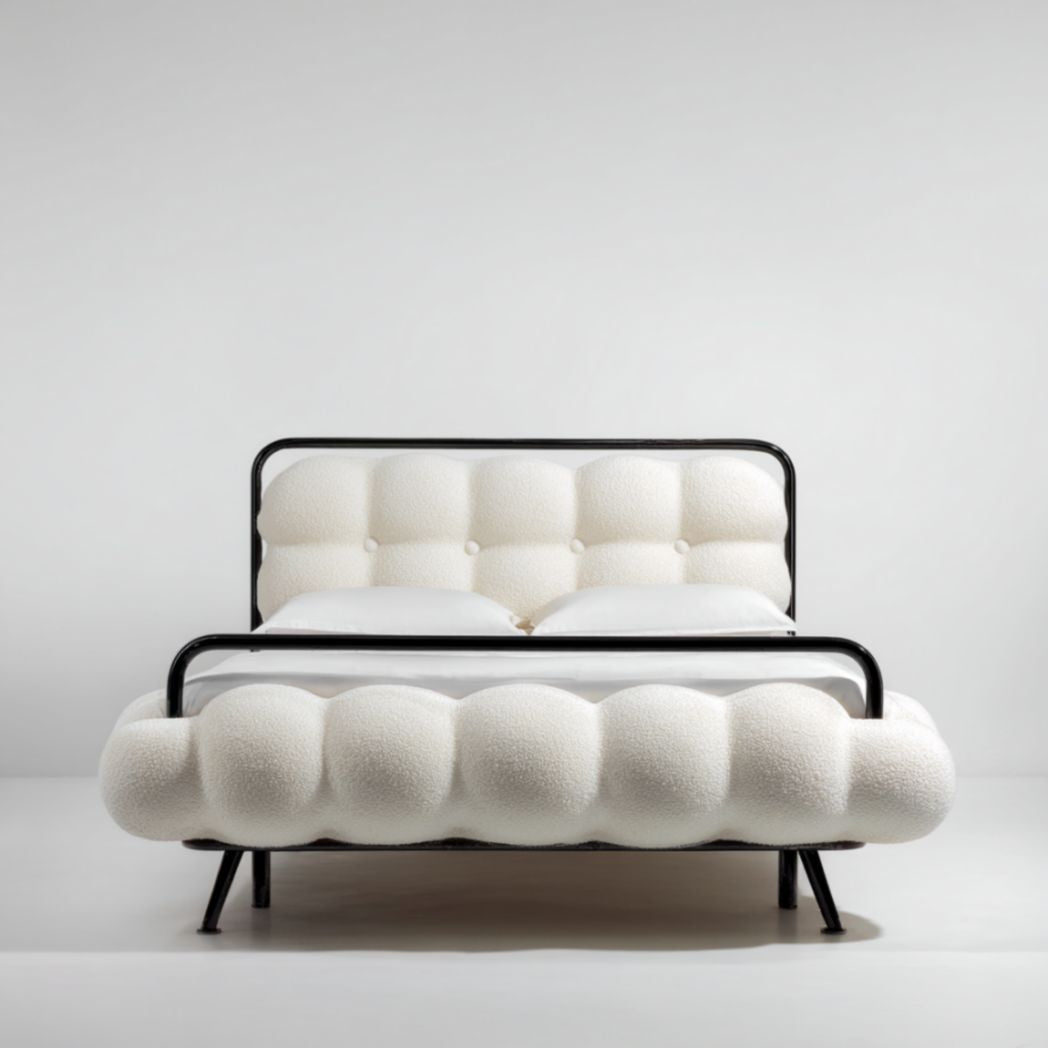Lit en bois avec tête de lit en tissu beige 200 x 180 x 100cm