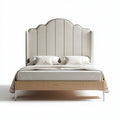 Lit double en bois avec tête de lit capitonnée en tissu beige 210 x 190 x 100cm