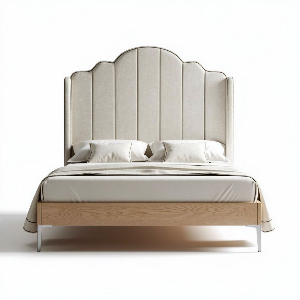 Lit double en bois avec tête de lit capitonnée en tissu beige 210 x 190 x 100cm