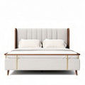 Lit double en tissu beige avec sommier en bois 200 x 160 x 100cm